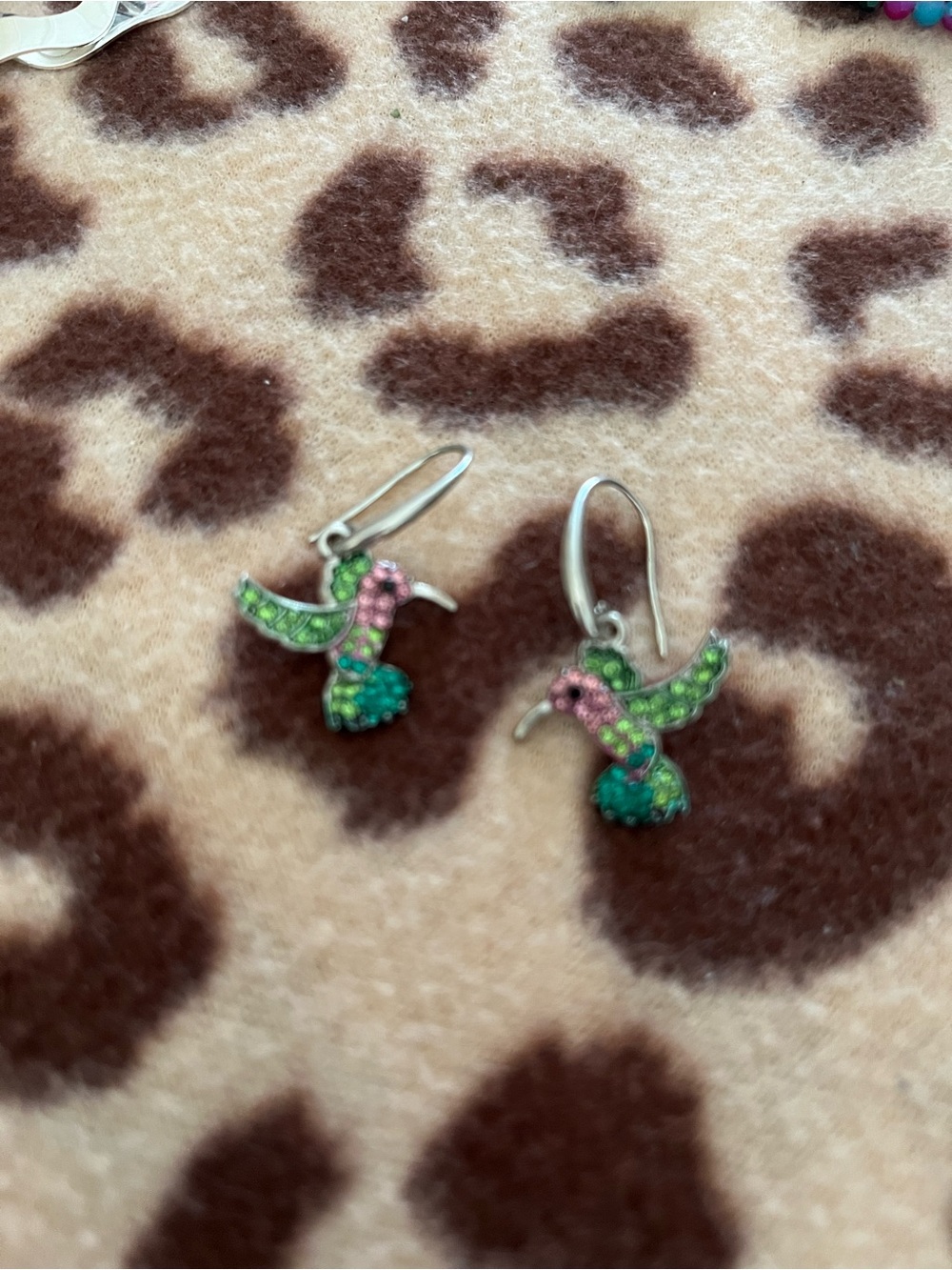 Sparkling Hummingbird Drop Earrings in Green & Pink